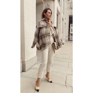 Zara Oversized Plaid Jacket Cream Multi